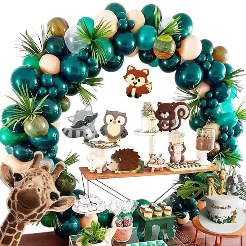 120PCS Jungle Theme Anima Zoo Party Supplies Kit Balloons Garland Arch Kit With Palm Leaves Ivy Vines Jungle Party Decoration