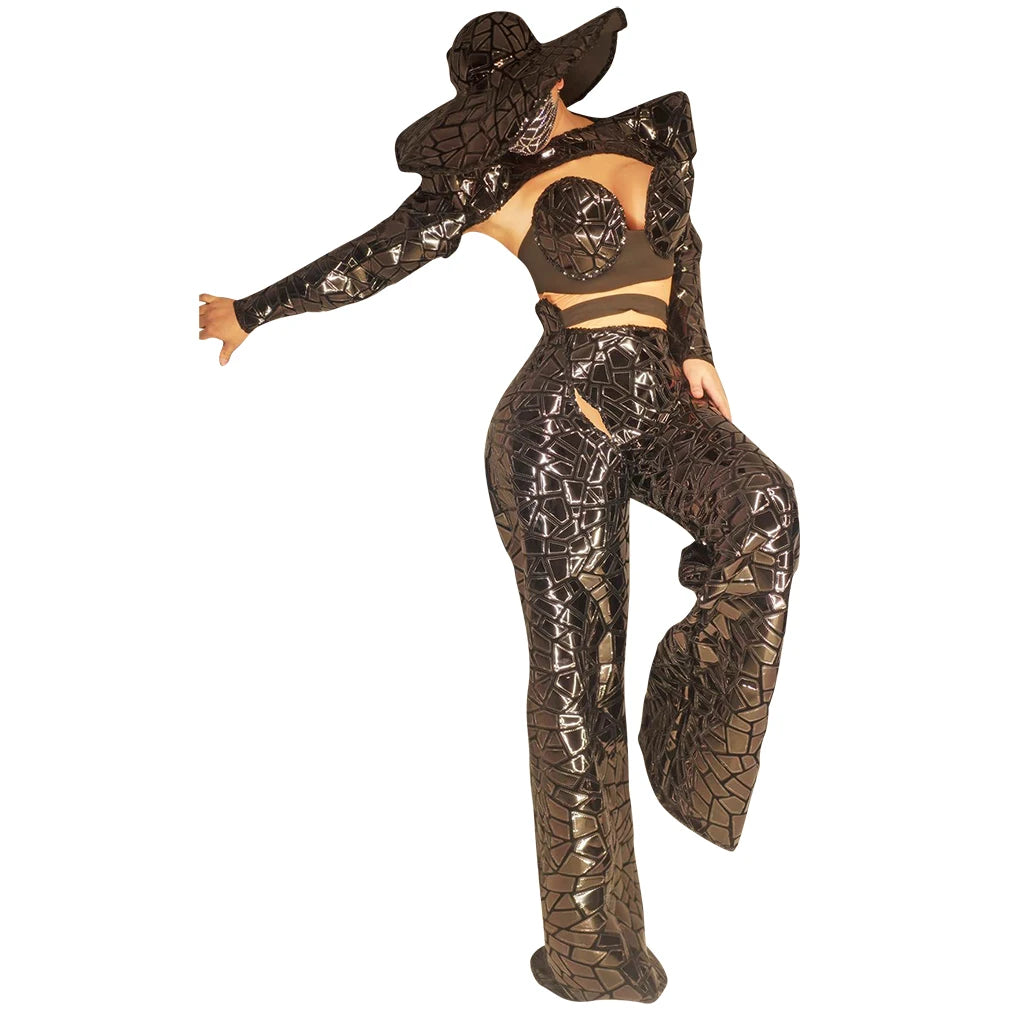 Sexy Performance Wear Sexy Black Sequins Bikini + Hollow Out Flare Pants Club Party Outfit Sets Singer Dancer Stage Costume