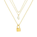 2026 Fashion Stainless Steel Layered Gold Thin Chain Pearl Padlock Lock Pendant Necklaces for Women