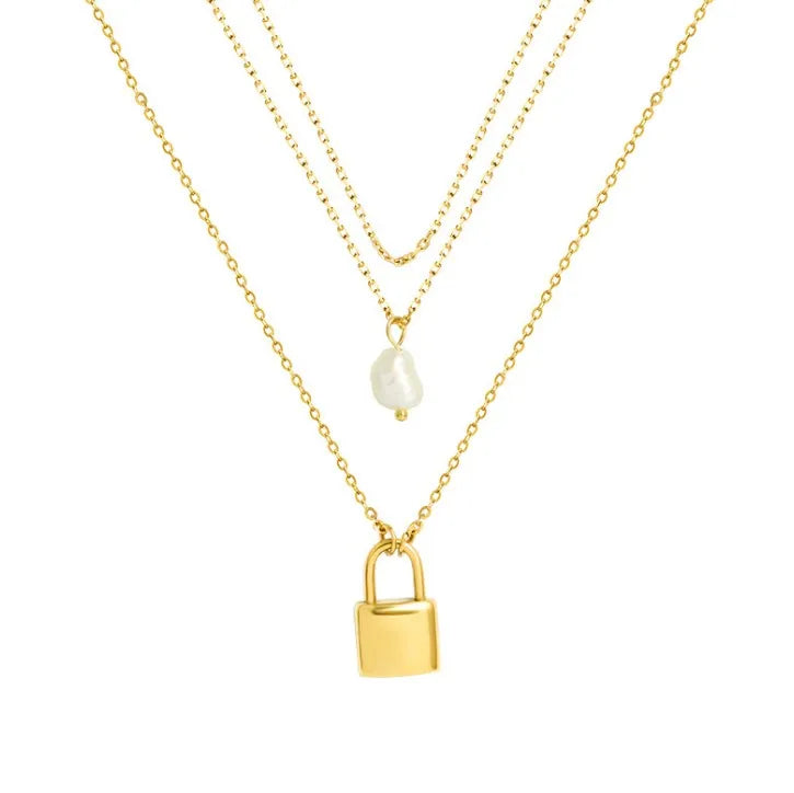 2026 Fashion Stainless Steel Layered Gold Thin Chain Pearl Padlock Lock Pendant Necklaces for Women