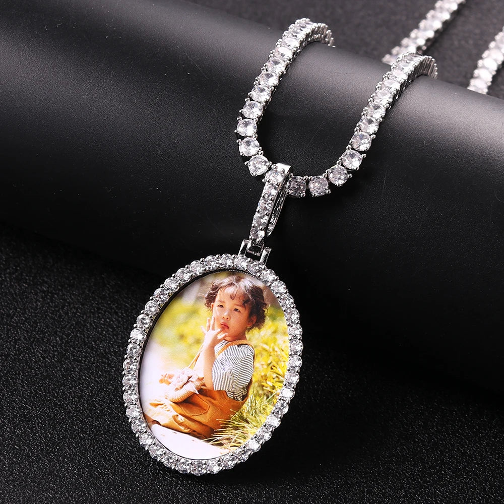 Oval Photo Custom Necklace Pendant Cubic Zircon Picture Necklace Hip Hop Jewelry for Women Men New Year Delicate Gifts