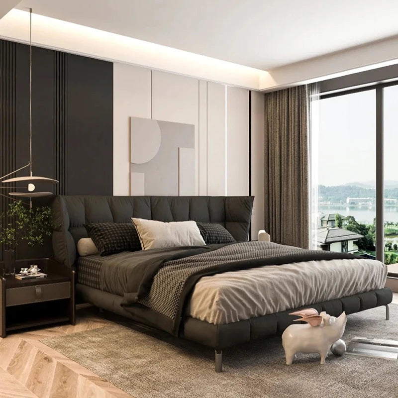 Italian Bedroom Set Furniture king Size Modern Latest Double Bed Designer Furniture Set Leather Luxury Bed Villa
