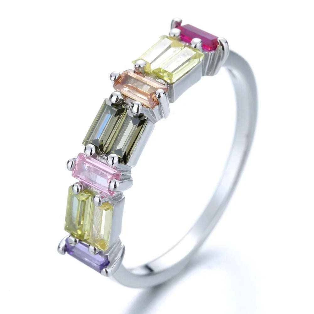 Sterling Silver square baguette Cubic Zirconia rainbow Ring Woman