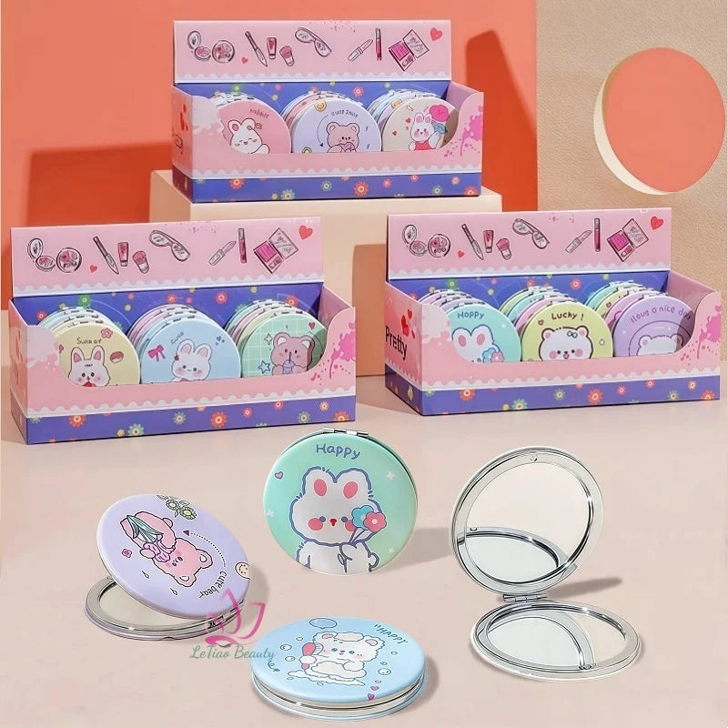 Wholesale PU Leather Pocket Mirror 12PCS/Box Double Side Round Cartoon Mini Mirror Portable Makeup Mirror