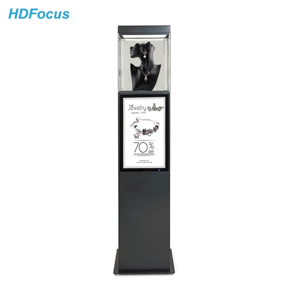 21.5\" Wood Floor Stand Jewelry Display Showcase Digital Signage LED-Lit Kiosk Screen Store Pedestal Case Exhibit Pedestal Case