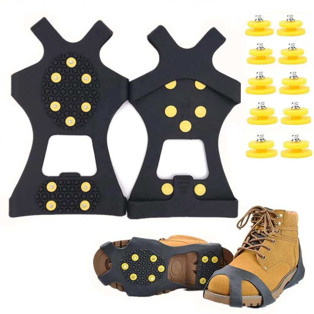 10-Stud Spikes Anti Slip Snow Ice Grips Over Shoe Traction Cleats Rubber Crampons Slip-on Stretch Footwear