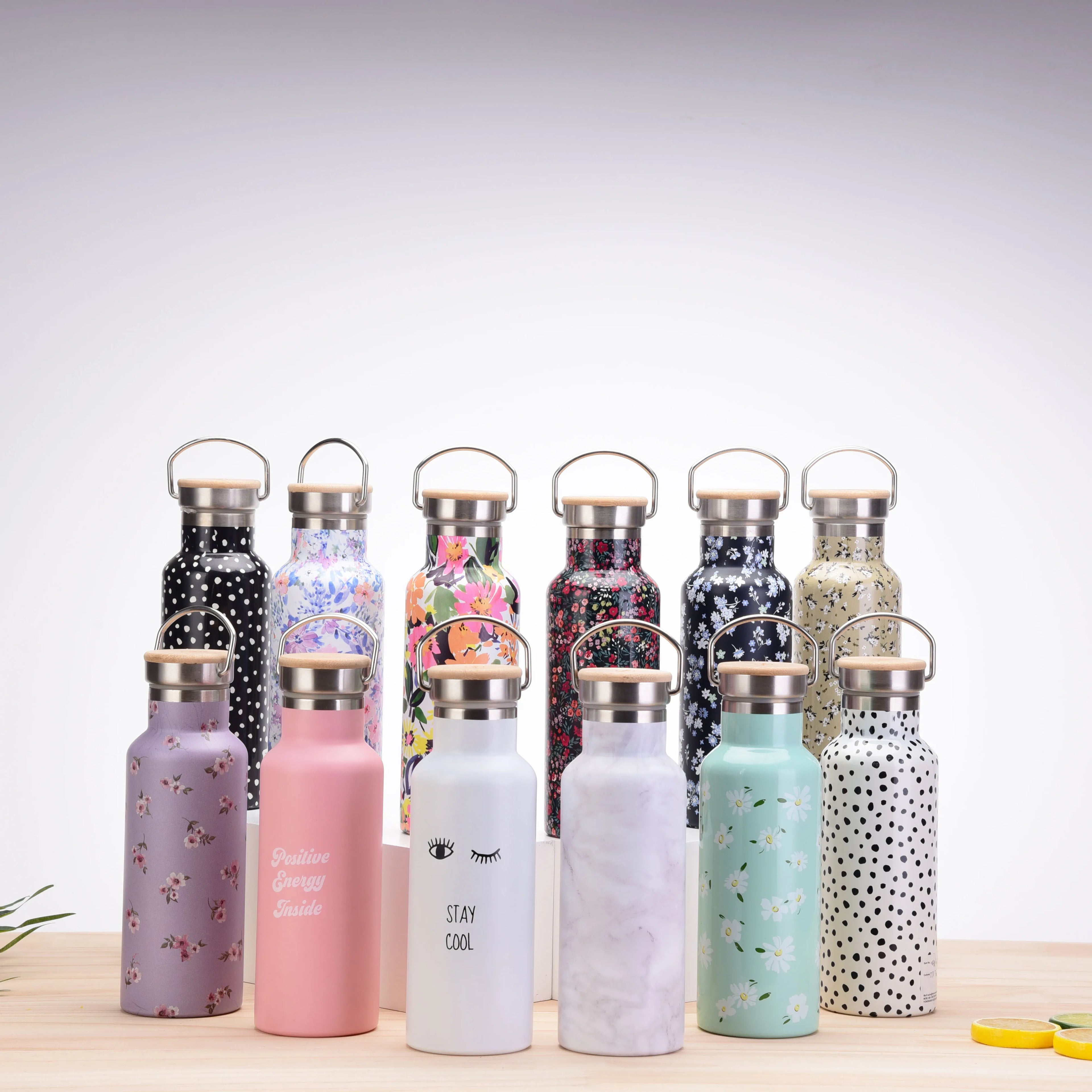 Wholesale 304 Stainless Steel Insulated Tumbler Rustic Floral Print Bamboo Lid Handle 500ml Custom Logo Portable Eco-Friendly