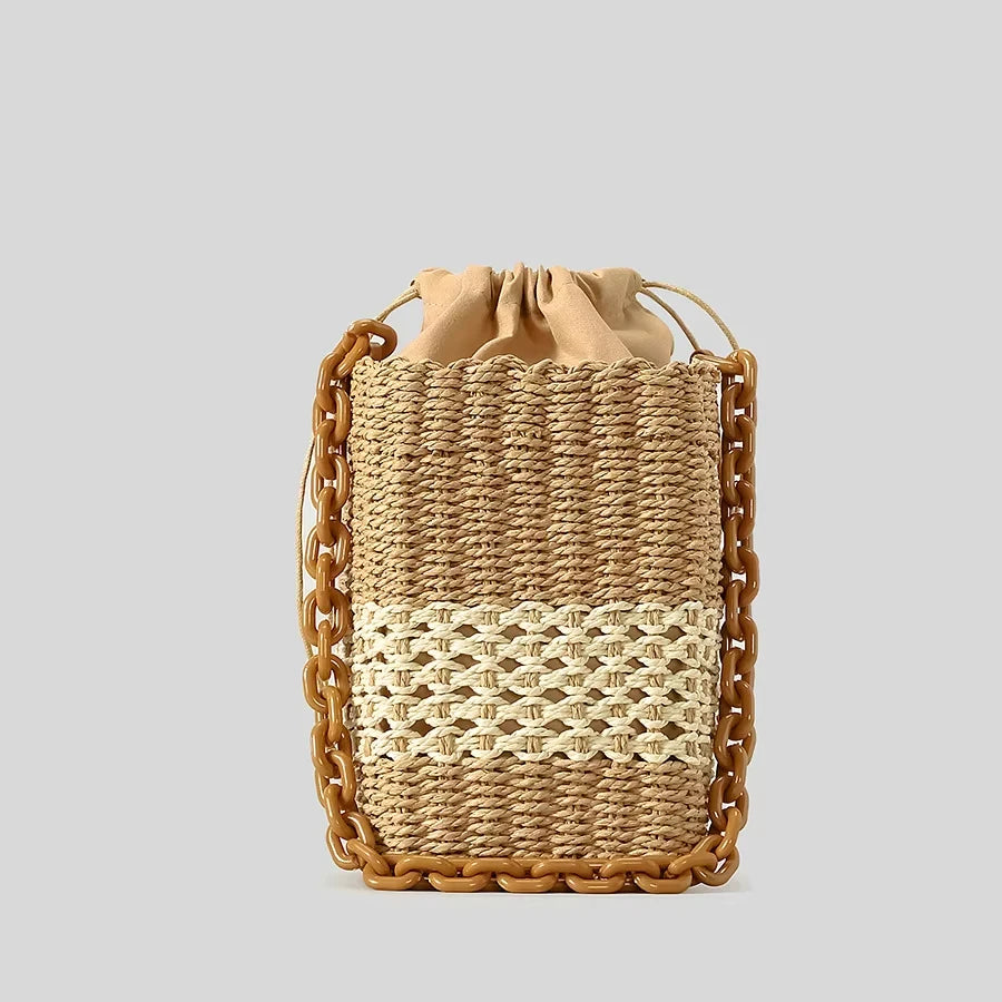 Fashion Acrylic Chains Straw Bags Women Handbags Summer Handmade Bucket Shape Women's Beach Bag