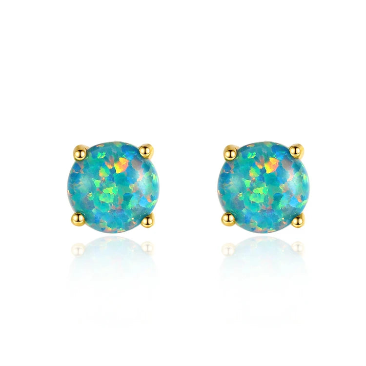 Fine Jewelry 925 Sterling Silver Gold Plated Natural Round Opal Stud Earrings
