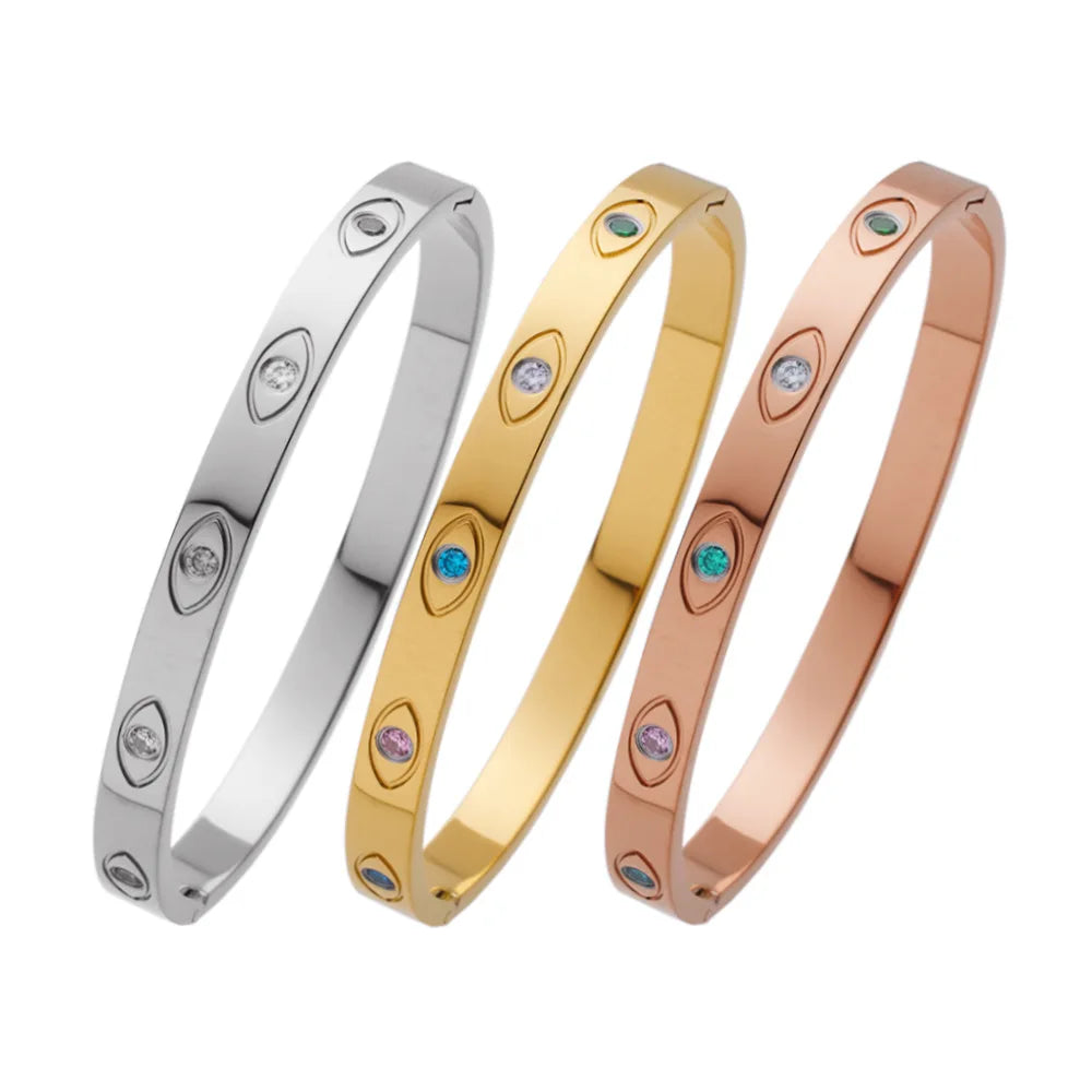 6mm Waterproof Titanium Cubic Zircon Blue Evil Eye Open Cuff Bangle 18k Gold No Fade 316L Stainless Steel Fashionable Bangle