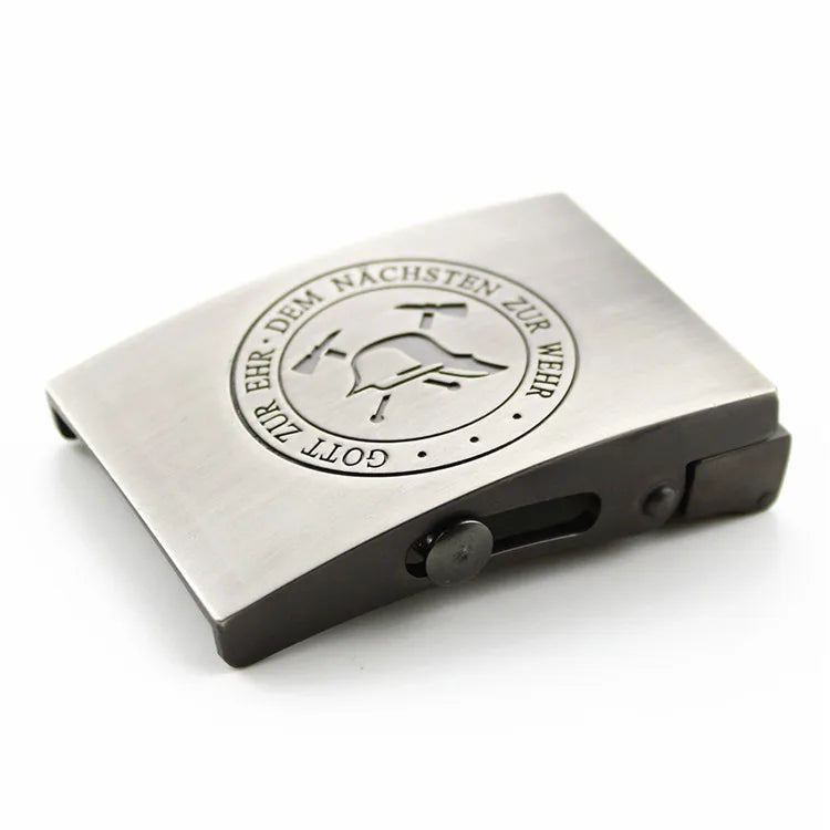 European Design Zinc Alloy Custom Deboss Logo Gray Auto Lock Nickel Free Pin Belt Buckle Eco-Friendly Durable 65x40mm Men Belt