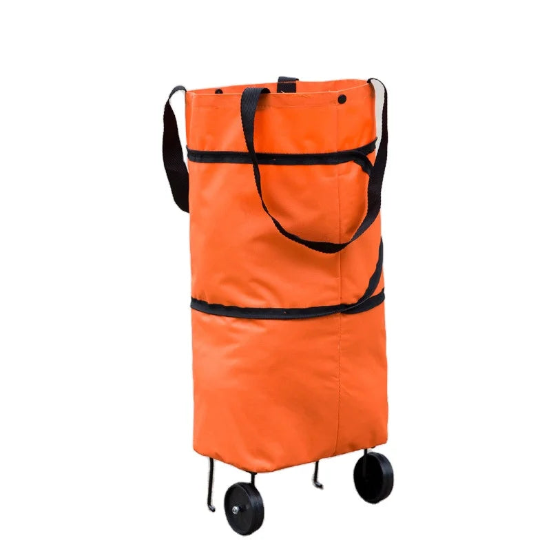 Custom 600D Oxford Orange Polyester Foldable Tote  Grocery Cheap Shopping Trolley Bag with Wheels