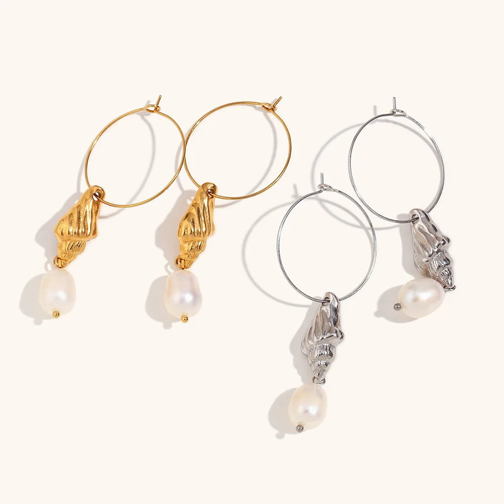 2026 Hot Selling Fashion Women Stainless Steel Freshwater Pearl Conch Round Drop Earrings