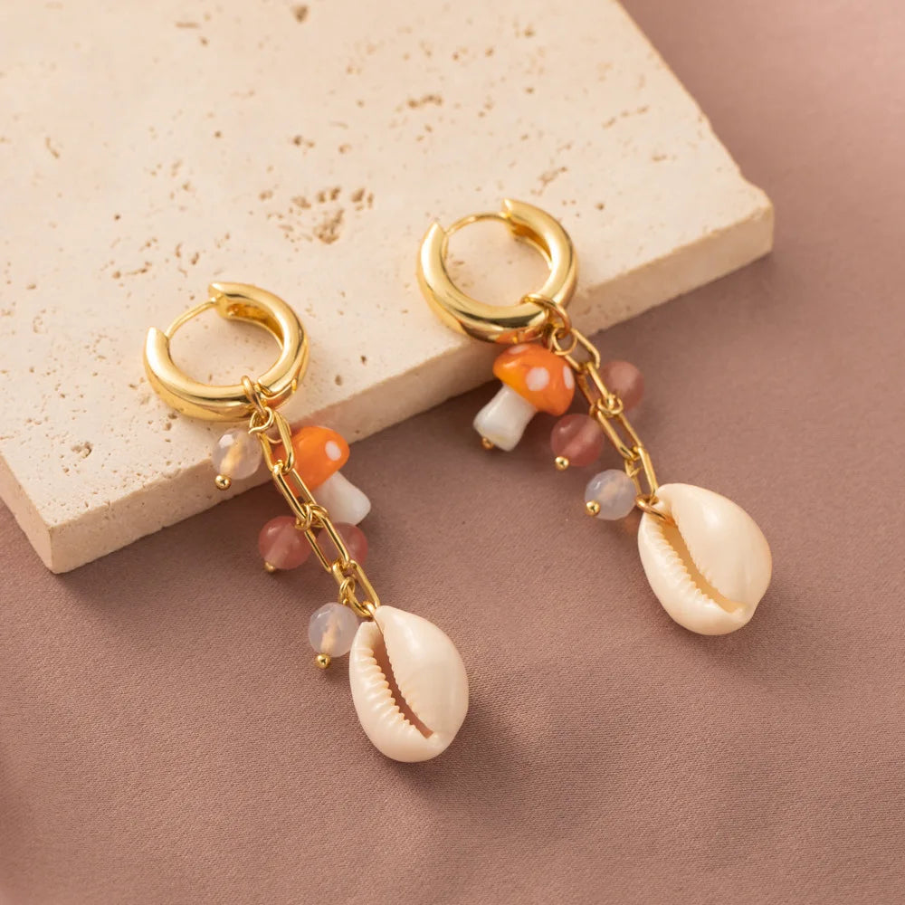 Creative Personality Summer Women Fashion Jewelry Earrings Natural Stone Mushroom Shell Pendant Earrings