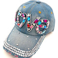 Cute Letter Love Womens Jewel Rhinestone Bling Hats Jeans Wash Denim Baseball Cap