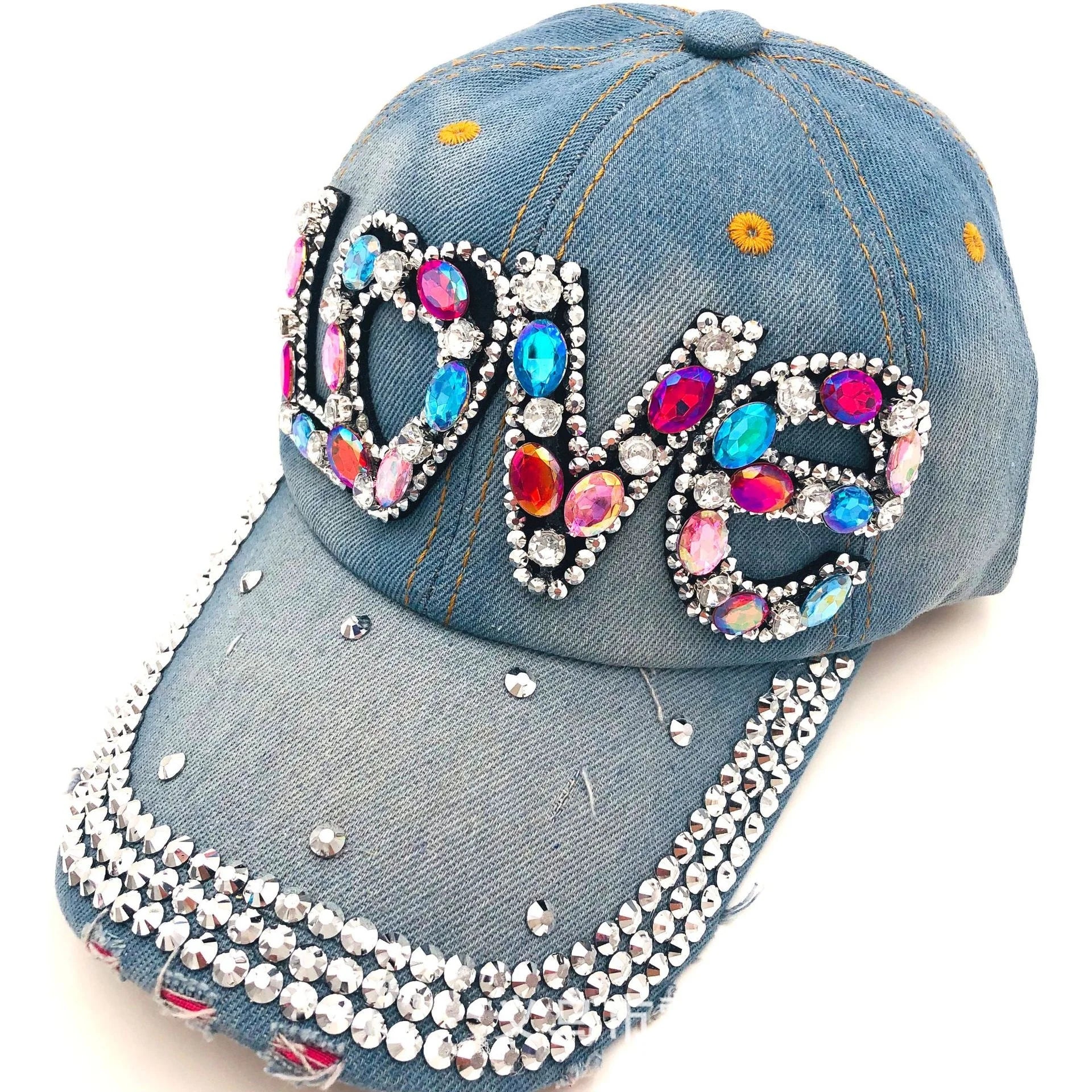 Cute Letter Love Womens Jewel Rhinestone Bling Hats Jeans Wash Denim Baseball Cap