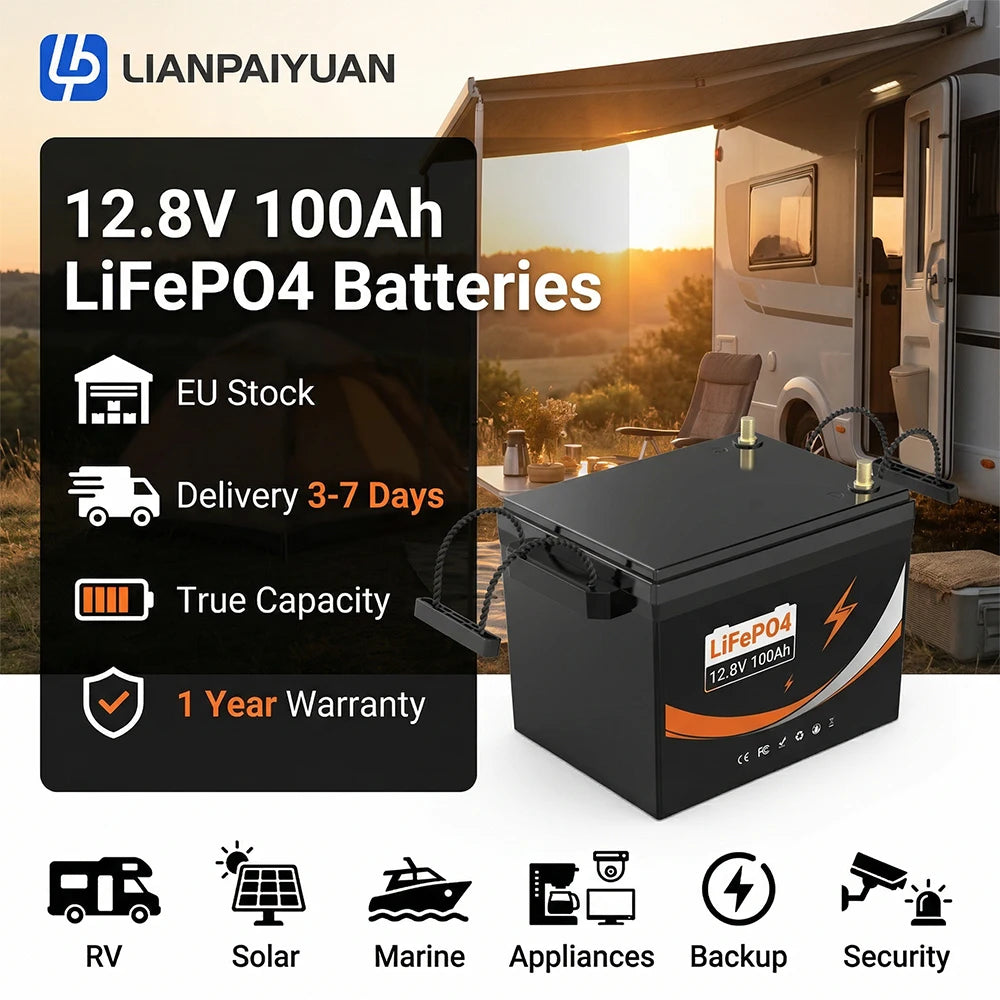 12.8V 100Ah LiFePO4 Ebike Battery German Stock 4s1p Lithium Iron Phosphate Pack 100A BMS for RV Solar Marine