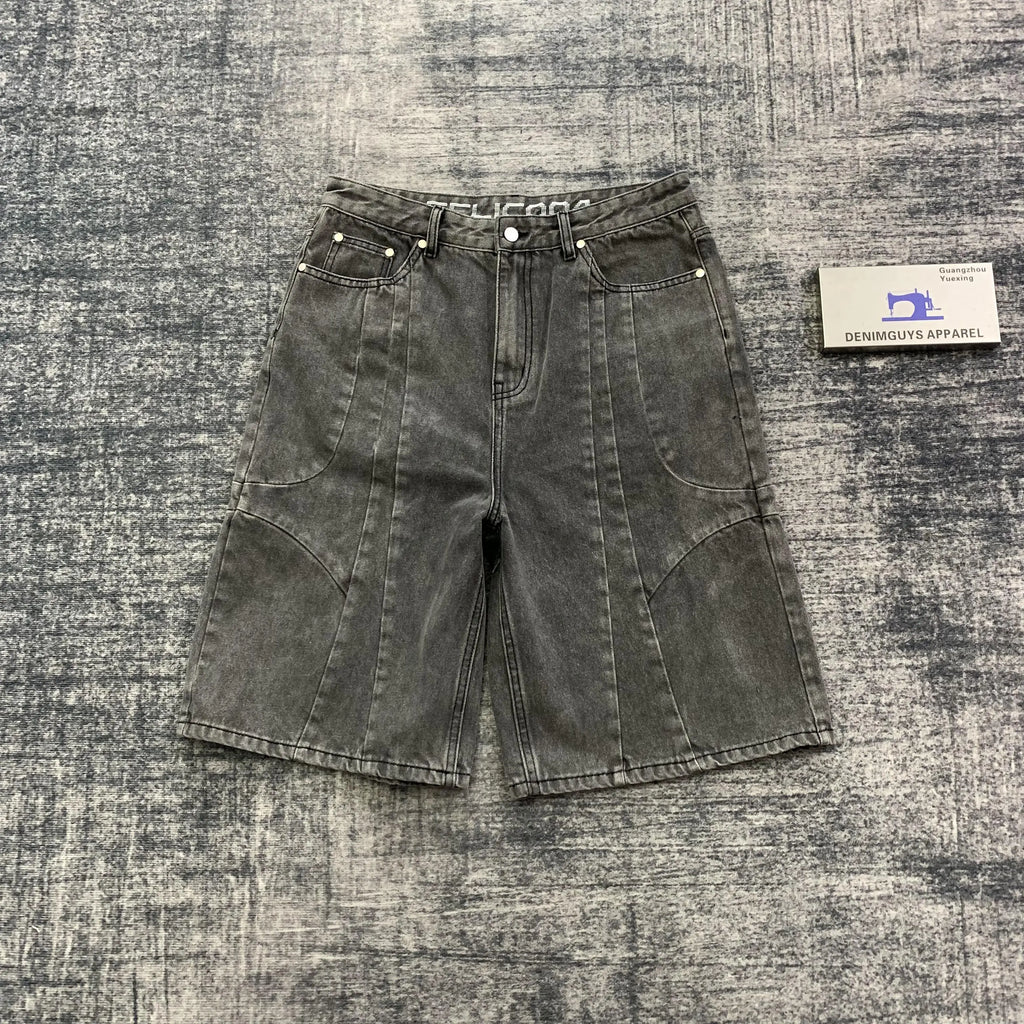 DENIMGUYS Summer Mens Vintage Multiple Seams Loose  Denim Shorts Jorts Fashion High Street Baggy Screen Print Jorts for Men