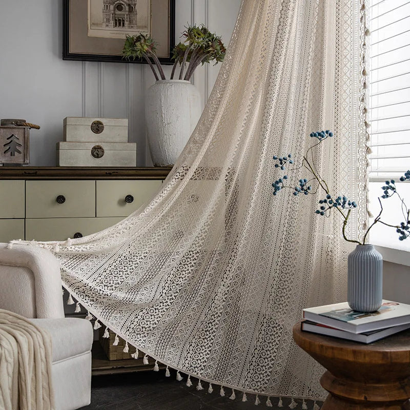 Translucent Living Room Set American Country Hollow Boho Balcony Bedroom Finished Bay Window Art Decor Curtains