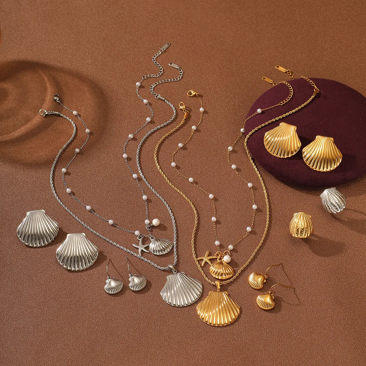 Beimai OEM Jewelry Set New Ocean Shell Pearl Titanium Steel Pendant Necklace Jewelry Set