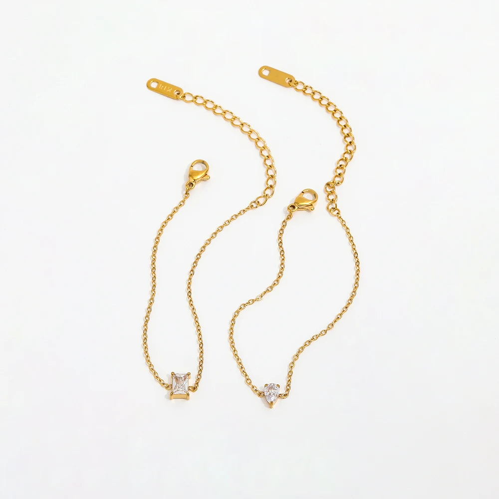 Fenny 18K PVD Gold Plated Wholesale Rectangle&Teardrop Zircon Pendant Fine Chain Stainless Steel Bracelet Trendy for Women