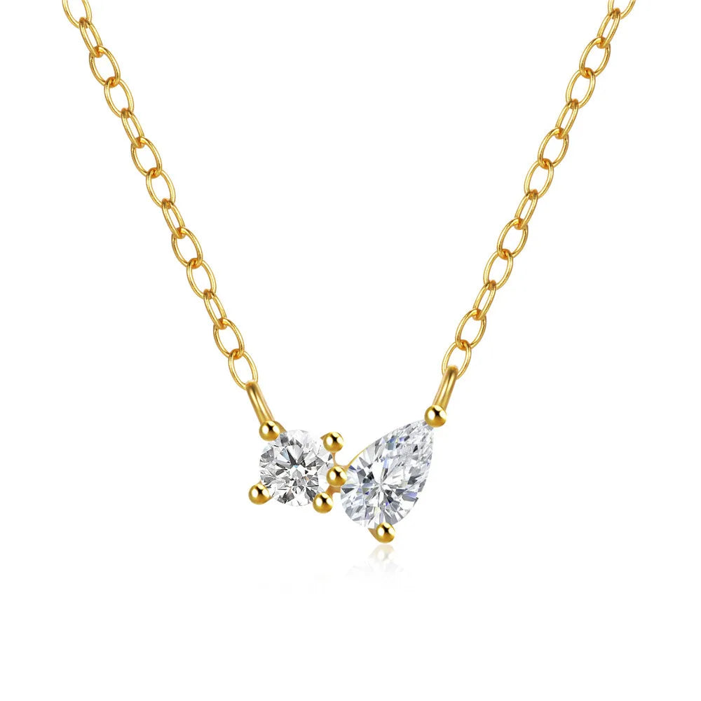 Genuine 925 Sterling Silver Clavicle Chain 18K Gold Plated Prong Set Two CZ Diamond Pendant Necklace for Women