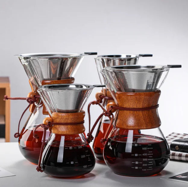 High Borosilicate Glass Products Factory Direct Coffee Sharing Pot Neck Wood Glass Coffee Maker with Stainless Steel Mesh Set