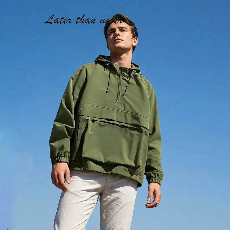 Two Big Pockets Water Resistant Anorak Jacket Custom 1/4 Zipper Solid  Pullover Hooded Anorak Windbreaker Anorak Mens Jacket