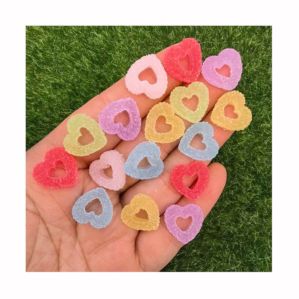 100Pcs 15MM Colorful Soft Sweet Candy Flatback Resin Cabochons Hollow Love Heart Sugar Crafts DIY Jewelry Making Findings