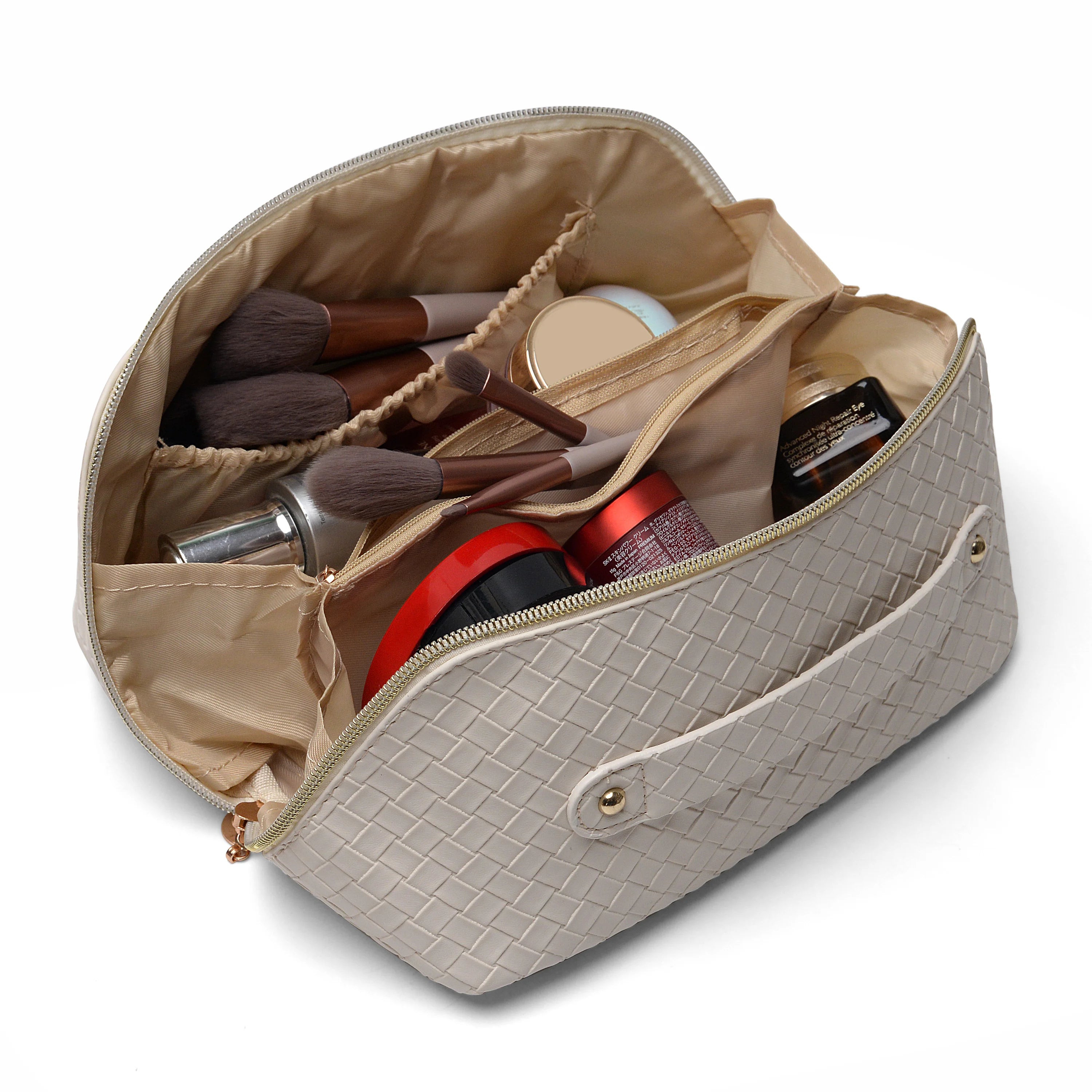 Large Capacity Beige Travel Makeup Bag Jewelry Storage Woven PU Leather Cosmetic Organizer with Multiple Pockets for Brushes