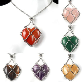 Titanium Stainless Steel 18k Gold Net Bag Natural Crystal Heart Stone Adjustable Bamboo Knot Net Pendant Necklace Gemstone