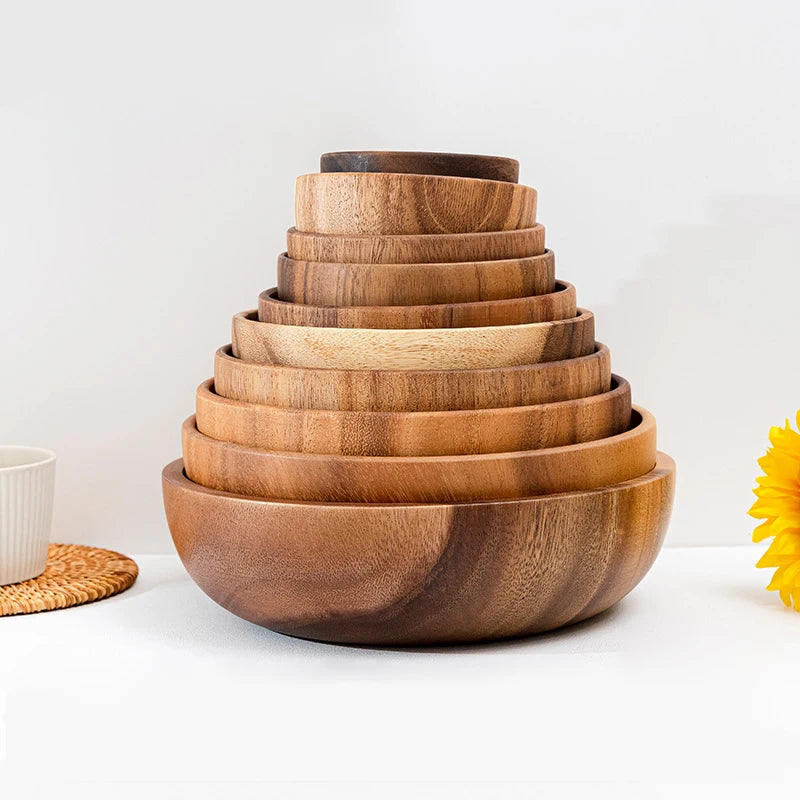 Wholesale Handcraft Deep Dish Natural Wooden Large Serving Bowl Set Acacia Wood Bowls for Salad Fruit Food Noddles