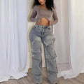 Women's Jeans Detachable Concealed Buckle Design High-Waisted Straight Pants Street Trend Irregular Jeans Casual Loose Pockets