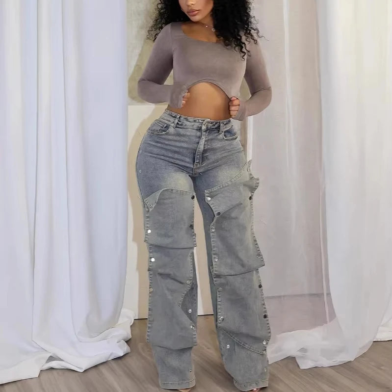 Women's Jeans Detachable Concealed Buckle Design High-Waisted Straight Pants Street Trend Irregular Jeans Casual Loose Pockets