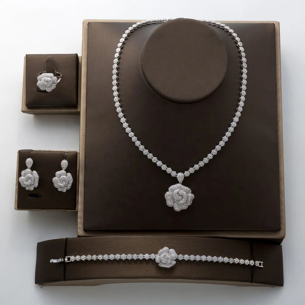 In Stock New Luxury  4 Pcs Bridal Jewelry Set for Women Rose Flower Design Cubic Zirconia Bridal Necklace for Noble Lady CN164