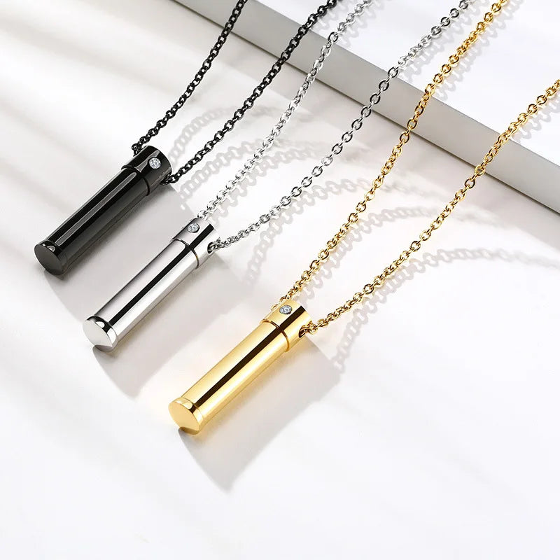 Custom Name logo Gold Black Plated Urn Necklace Cubic Zircon Inlay Cylinder Cremation Pet Dog Urn Ash Memory Pendant Necklace