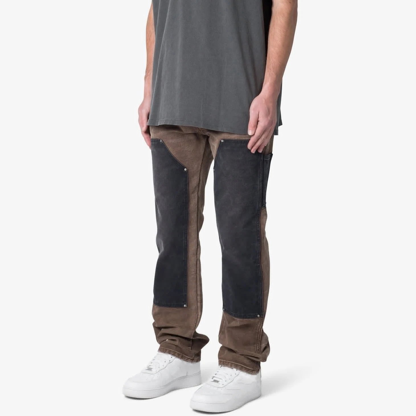 Mid Waist Loose Stack Wide Leg Baggy Denim Cargo Jeans Double Knee Carpenter Pants Solid Rivet Custom Button Men's Autumn/Spring