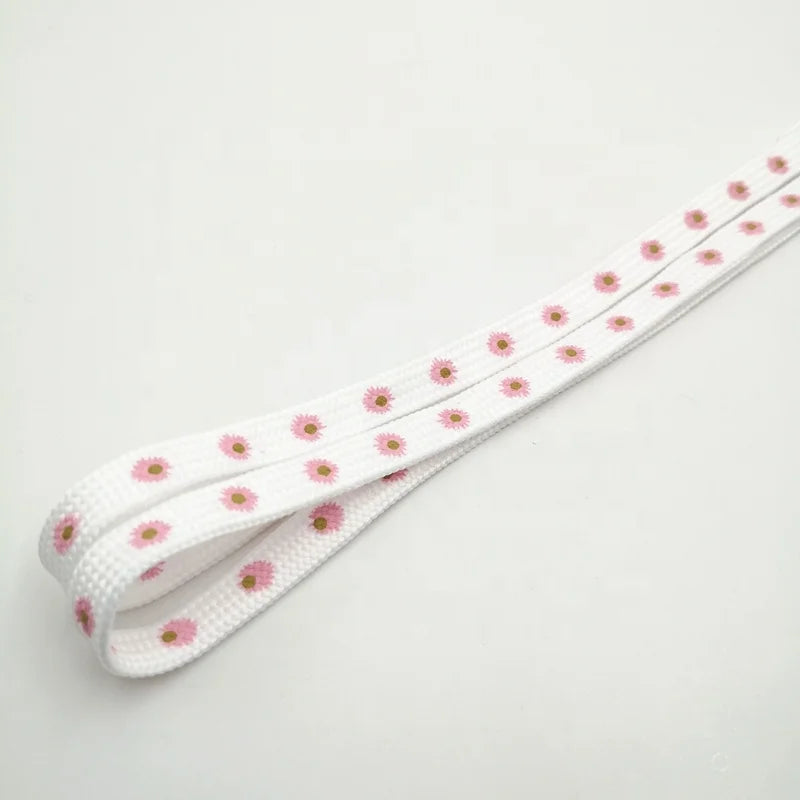 Custom 8mm Width Flat Daisy Printed Sport Shoelaces Pair Set Different Colors Polyester Plastic Canvas Material Transparent