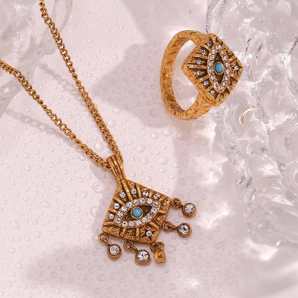 Dreamshow Boho Zircon Evil Eye Necklace Tassel Pendant Necklace 18k Gold Plated Stainless Steel Jewelry