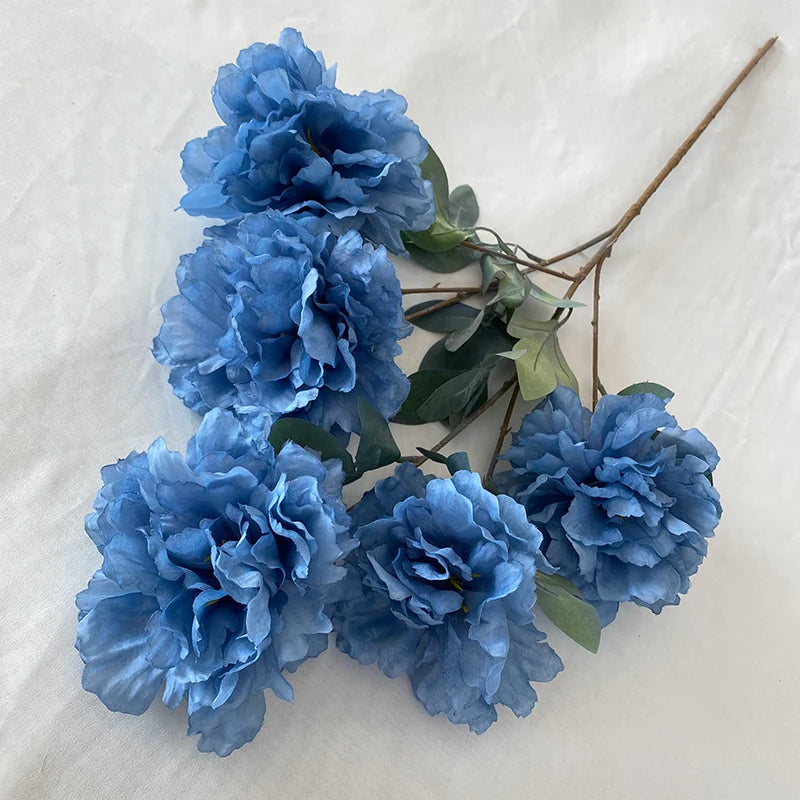 Multicolor- Fog Blue Flores Artificiales 5 Head  Long Branch Peony for Wedding Decoration