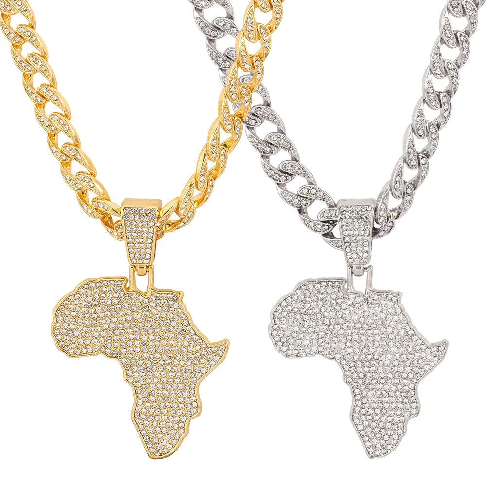 Fashion Jewelry Metal Alloy with Full Rhinestones Africa Map Pendant Style Thick Chain Necklace