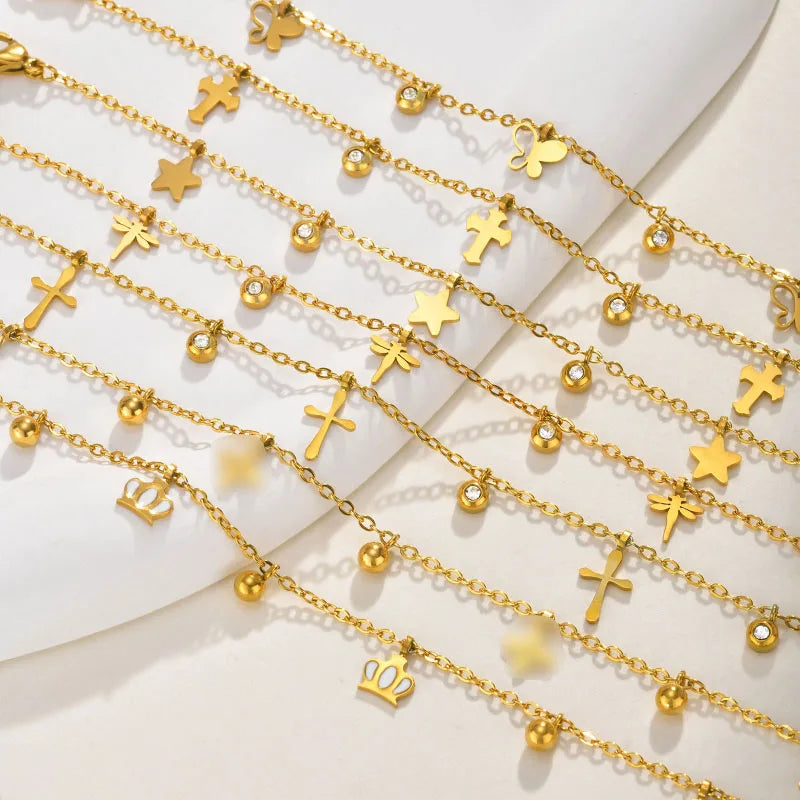 G4037 Wholesale Stainless Steel Gold Plated Cross Crown Star Butterfly Tassel Pendant Anklet Fashionable Accessory Foot Chains
