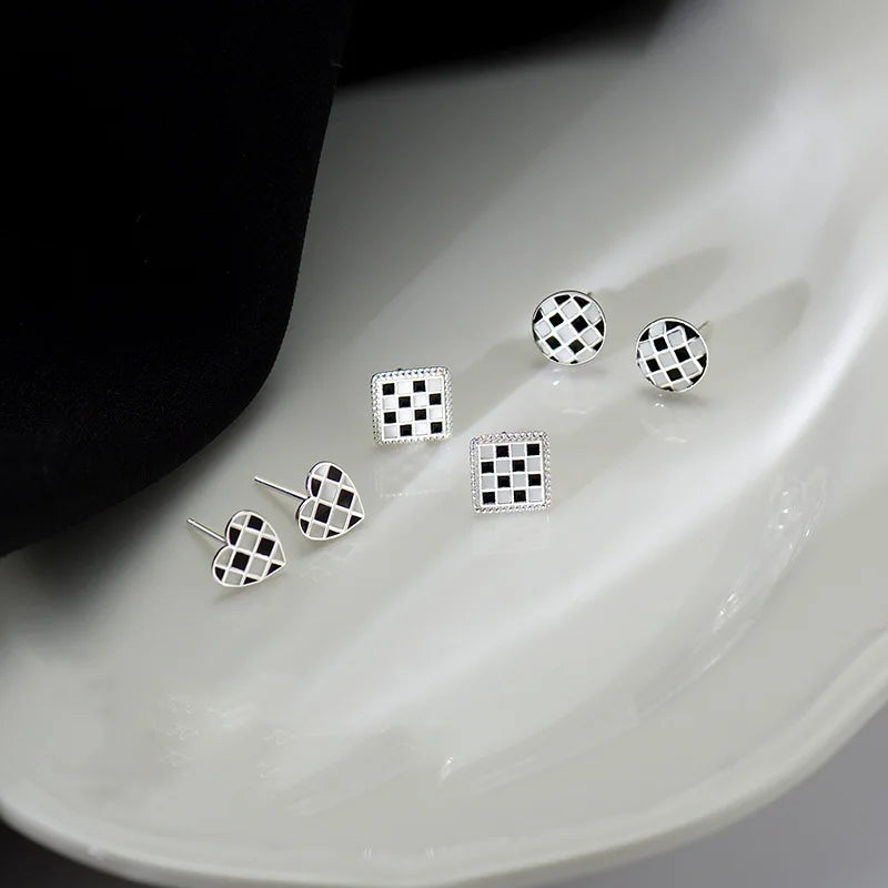 925 Sterling  Silver Enamel Jewelry Star Geometry Ear Stud Lattice Earrings for Women