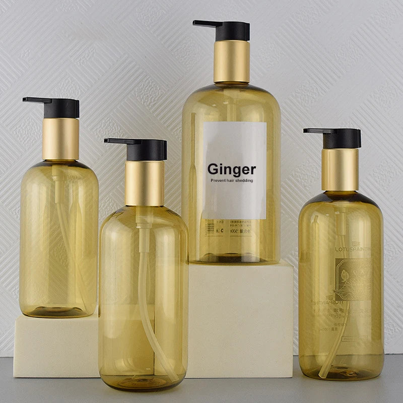 Available PET250ml 300ml 350ml 500ml Round Gold Push-down Biodegradable Shampoo and Conditioner Bottle