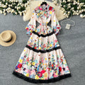 LW0764 2025 Spring Vintage Elegant Lapel Long Sleeve Printed Waist Waist Lace Splicing Long Dress Elegant Women'S Dresses