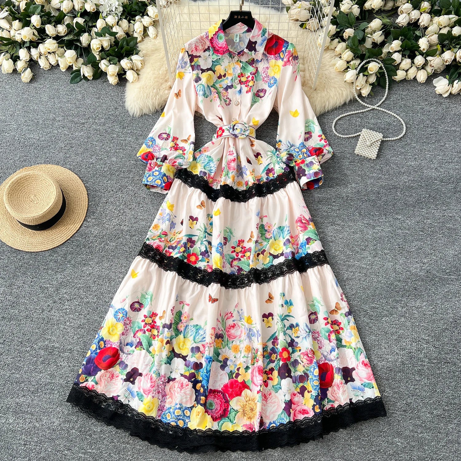 LW0764 2025 Spring Vintage Elegant Lapel Long Sleeve Printed Waist Waist Lace Splicing Long Dress Elegant Women'S Dresses