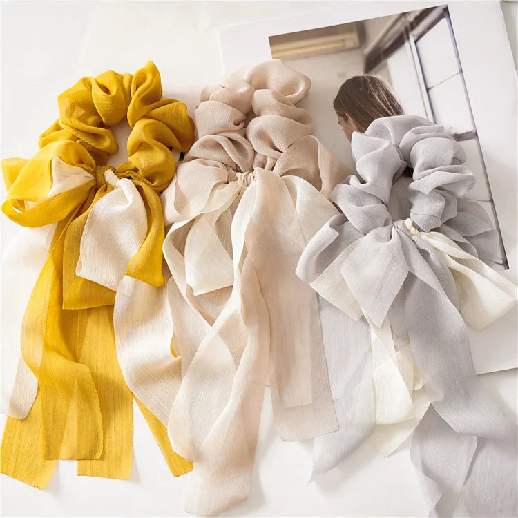 Fashionable Women Ribbon Hair Scrunchies Elastics Chiffon Bow Knot Hair Ties Ponytail Holder for Girls Women