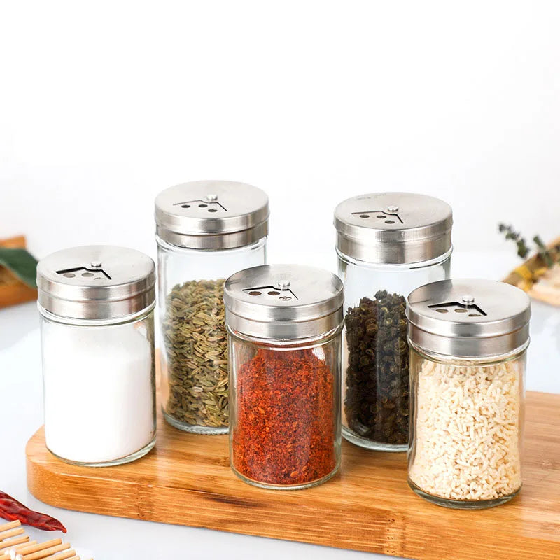 Jiuyi Hot Sale Glass BBQ Seasoning Bottle Natural Pepper Spice Salt Rotating Stainless Steel Lid Spice Bottle Shaker for BBQ