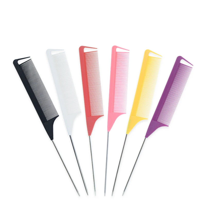 9 Color Fine-Tooth Plastic Handle Salon Heat Resistant Steel Teeth Antistatic Custom Logo Rat Tail Comb Commercial Use