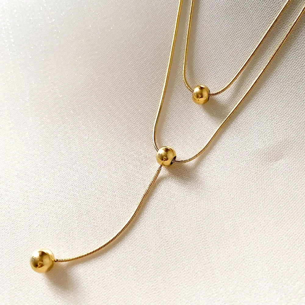 Woman Minimalist Chic Stainless Steel 18k Gold Plated Chain Two Layers Double Layered Women Necklaces Set Tassel Necklace